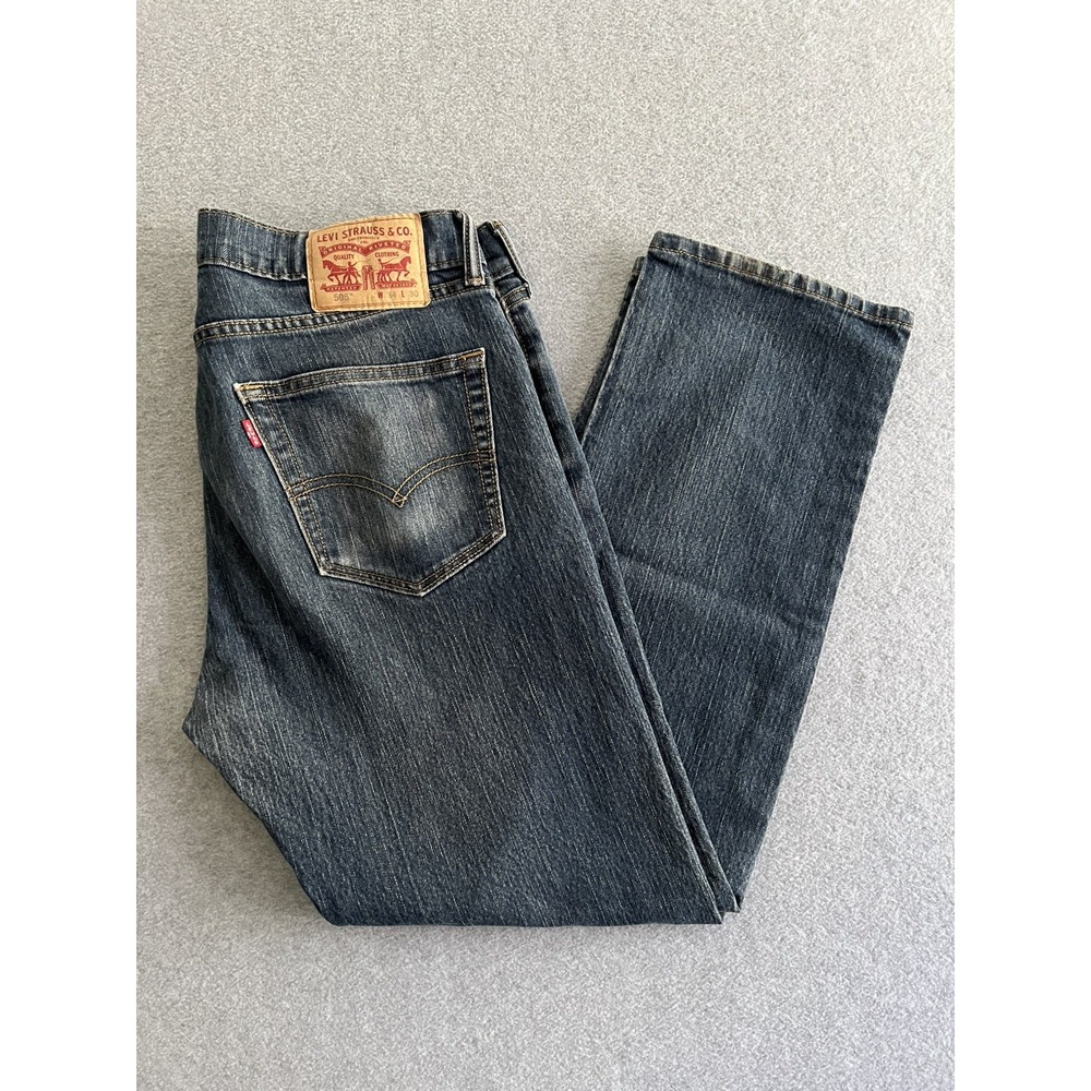 Levi's 505 Straight Jeans Mens 34x30 Dark Wash Stretch Cotton Denim Distressed